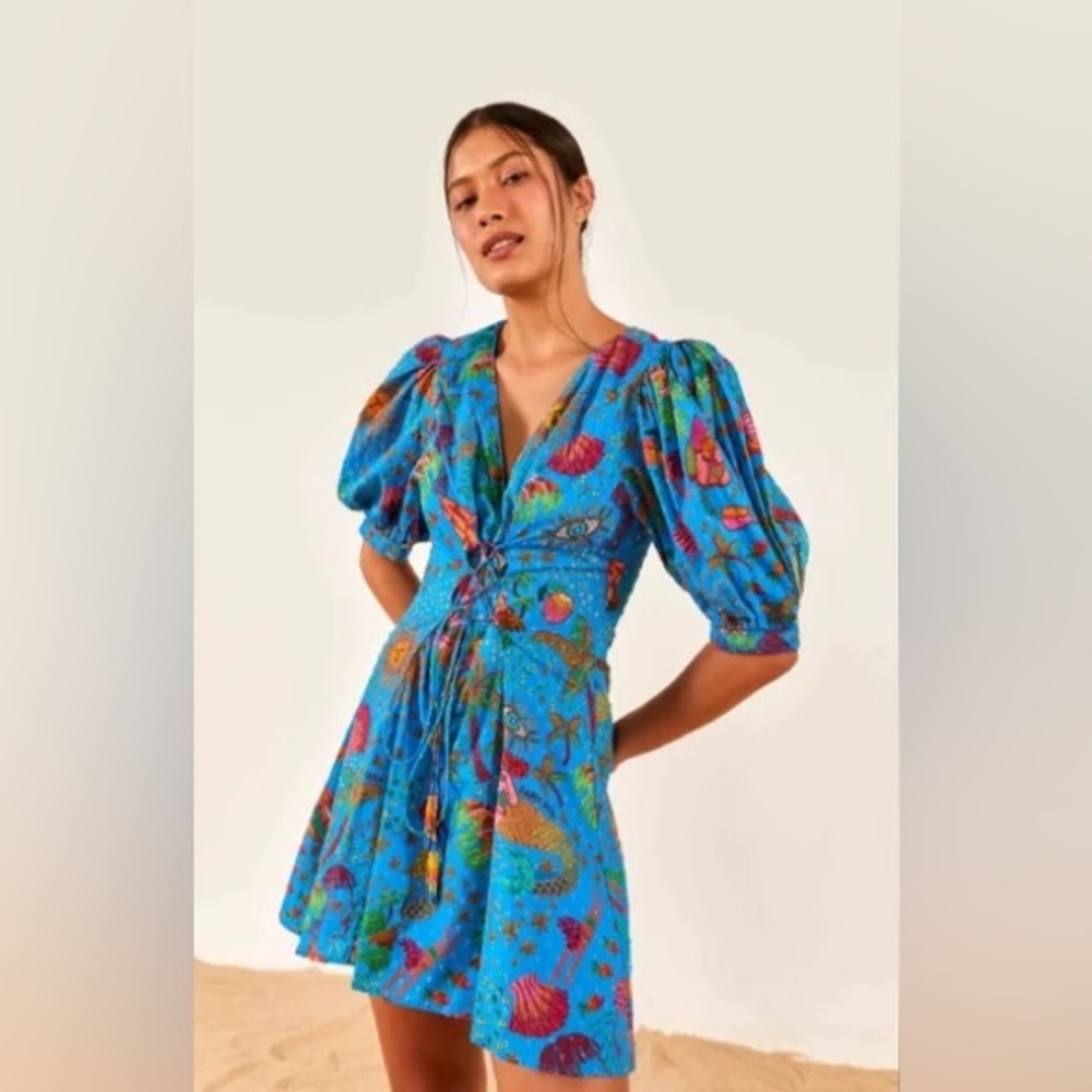 Farm Rio lace up front puff sleeve sundress XS